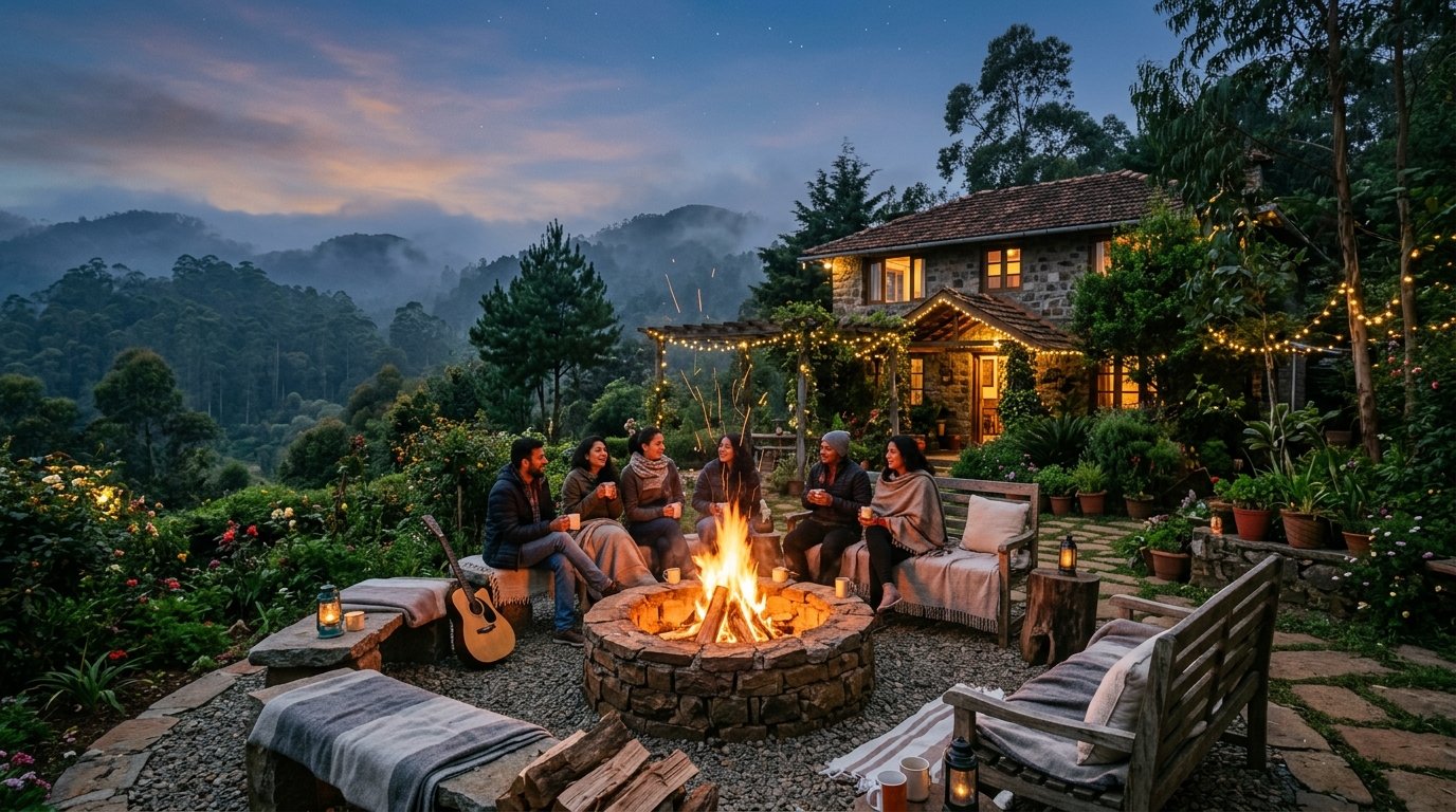 Cozy backyard campfire and bonfire evening